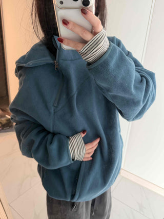 Diagonal Zip-Up Loose Fit Fleece Hoodie