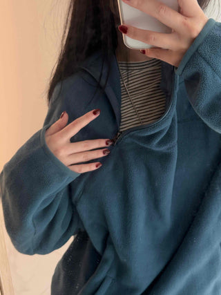 Diagonal Zip-Up Loose Fit Fleece Hoodie
