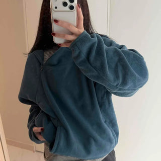 Diagonal Zip-Up Loose Fit Fleece Hoodie