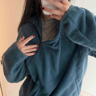 Diagonal Zip-Up Loose Fit Fleece Hoodie