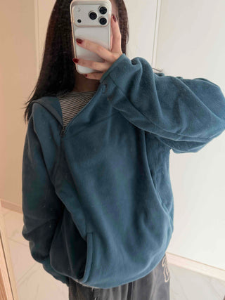 Diagonal Zip-Up Loose Fit Fleece Hoodie