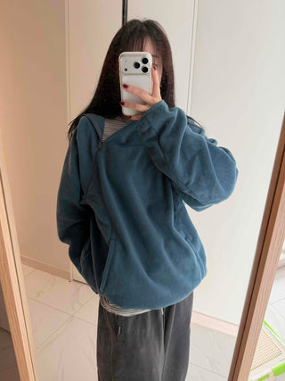 Diagonal Zip-Up Loose Fit Fleece Hoodie