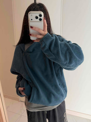 Diagonal Zip-Up Loose Fit Fleece Hoodie
