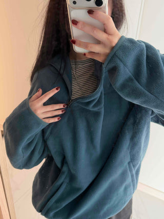 Diagonal Zip-Up Loose Fit Fleece Hoodie