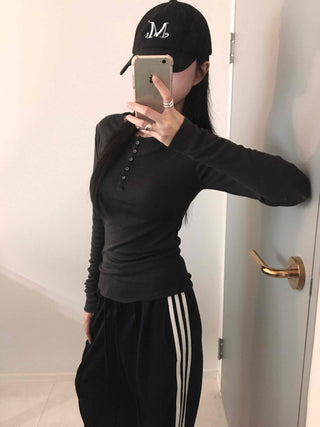 Slim Body Fit Button Henley Neck Long Sleeve T-shirt
