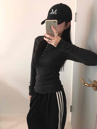 Slim Body Fit Button Henley Neck Long Sleeve T-shirt
