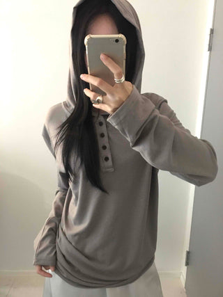 Henley Neck Hooded Button Loose Fit T-shirt