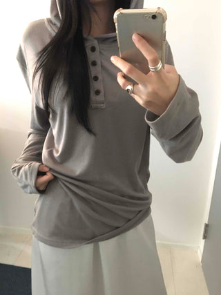Henley Neck Hooded Button Loose Fit T-shirt
