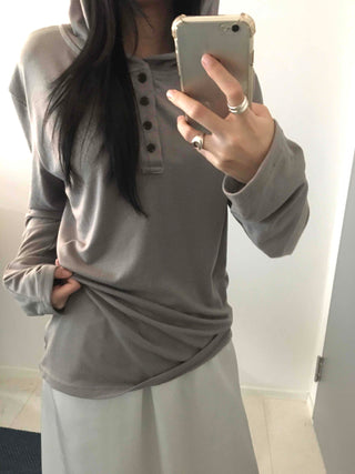 Henley Neck Hooded Button Loose Fit T-shirt