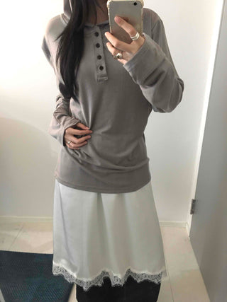 Henley Neck Hooded Button Loose Fit T-shirt