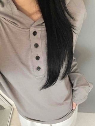 Henley Neck Hooded Button Loose Fit T-shirt