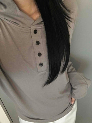 Henley Neck Hooded Button Loose Fit T-shirt