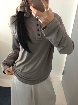 Henley Neck Hooded Button Loose Fit T-shirt