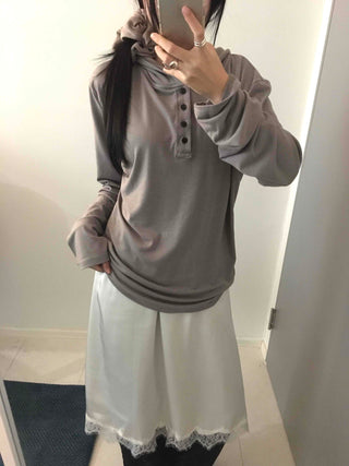 Henley Neck Hooded Button Loose Fit T-shirt