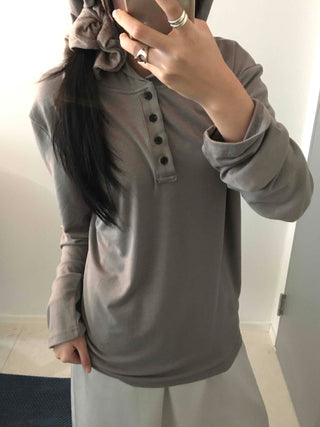 Henley Neck Hooded Button Loose Fit T-shirt