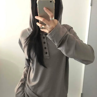 Henley Neck Hooded Button Loose Fit T-shirt
