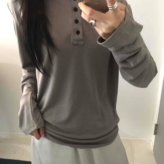 Henley Neck Hooded Button Loose Fit T-shirt