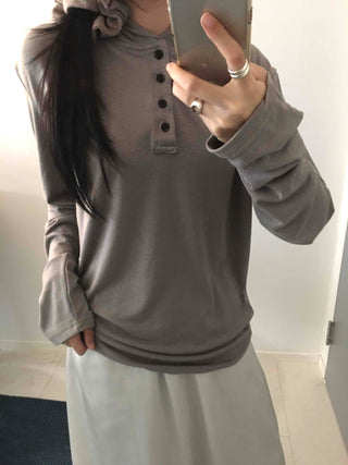 Henley Neck Hooded Button Loose Fit T-shirt