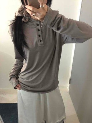 Henley Neck Hooded Button Loose Fit T-shirt