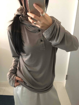 Henley Neck Hooded Button Loose Fit T-shirt