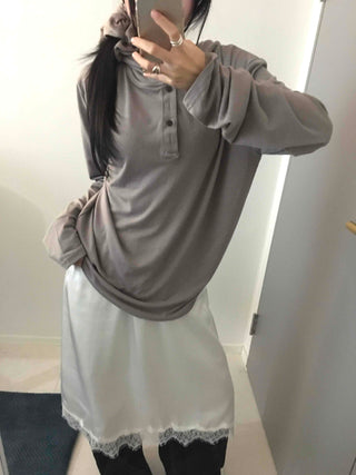 Henley Neck Hooded Button Loose Fit T-shirt