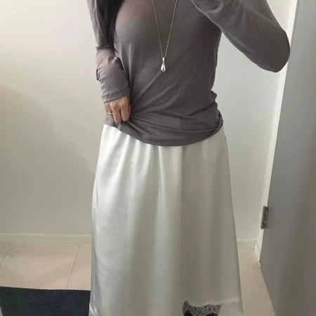 Loose-fit Silky Midi Skirt with Lace Hem Trimming