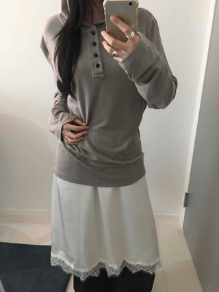 Loose-fit Silky Midi Skirt with Lace Hem Trimming