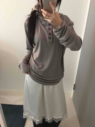 Loose-fit Silky Midi Skirt with Lace Hem Trimming