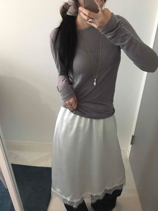 Loose-fit Silky Midi Skirt with Lace Hem Trimming