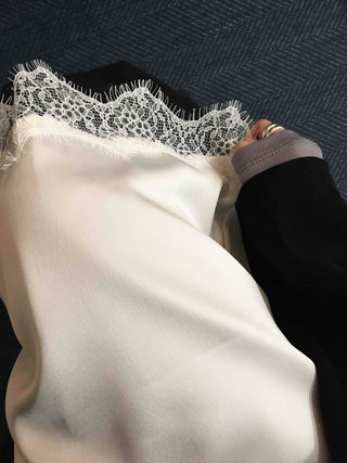 Loose-fit Silky Midi Skirt with Lace Hem Trimming