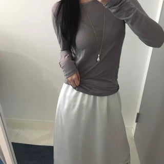 Loose-fit Silky Midi Skirt with Lace Hem Trimming