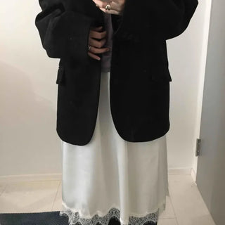 Loose-fit Silky Midi Skirt with Lace Hem Trimming
