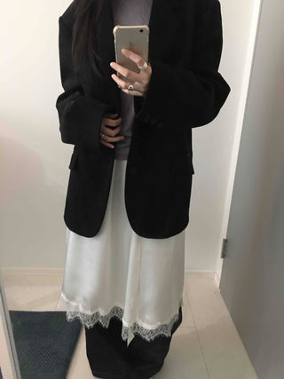 Loose-fit Silky Midi Skirt with Lace Hem Trimming