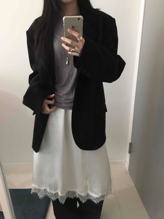 Loose-fit Silky Midi Skirt with Lace Hem Trimming
