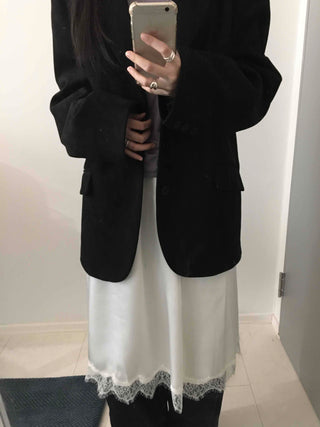 Loose-fit Silky Midi Skirt with Lace Hem Trimming