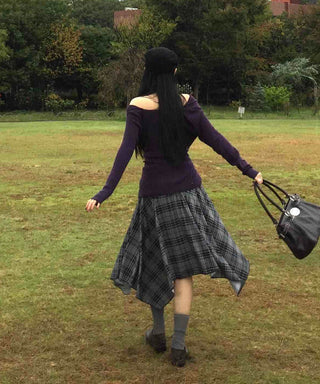 Vintage Hippie Check Flare Asymmetrical Midi Skirt