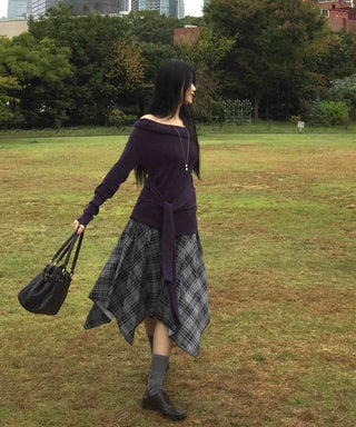 Vintage Hippie Check Flare Asymmetrical Midi Skirt