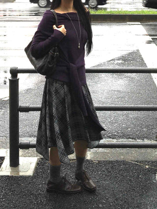 Vintage Hippie Check Flare Asymmetrical Midi Skirt