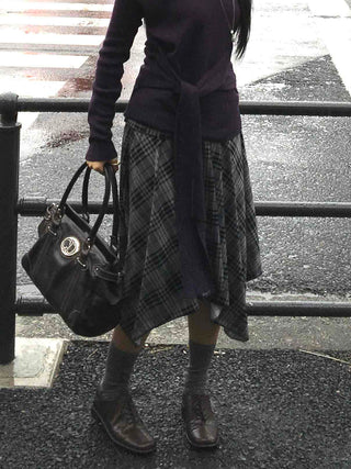 Vintage Hippie Check Flare Asymmetrical Midi Skirt