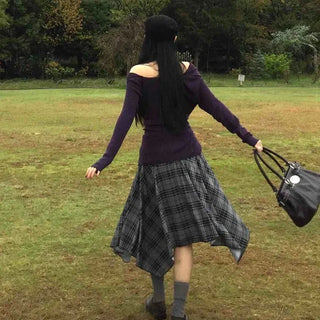 Vintage Hippie Check Flare Asymmetrical Midi Skirt