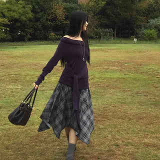 Vintage Hippie Check Flare Asymmetrical Midi Skirt