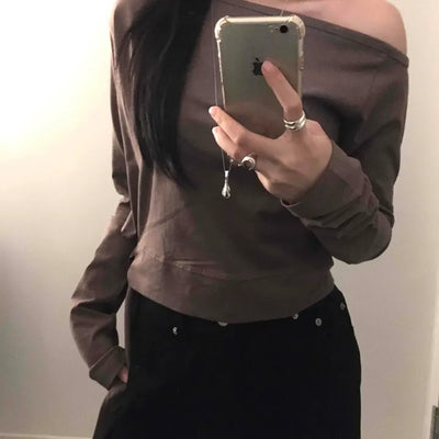 Soft Side Strap Off-Shoulder Long Sleeve Tee