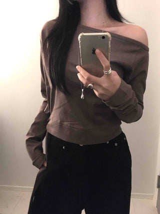 Soft Side Strap Off-Shoulder Long Sleeve Tee