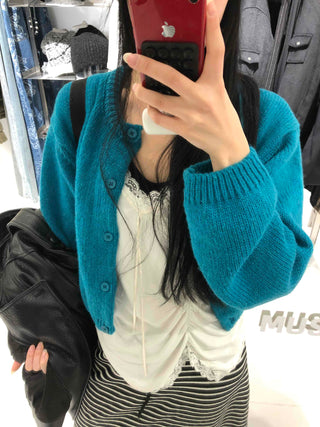 Soft Knit Balloon Sleeve Crop Button Cardigan