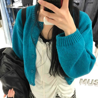 Soft Knit Balloon Sleeve Crop Button Cardigan