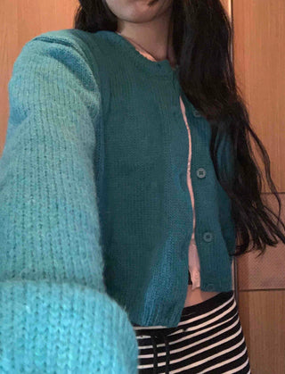 Soft Knit Balloon Sleeve Crop Button Cardigan