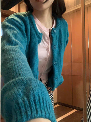 Soft Knit Balloon Sleeve Crop Button Cardigan