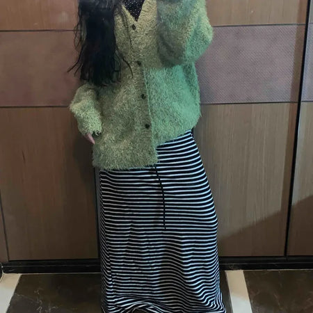 Center Slit Striped Flare Maxi Skirt