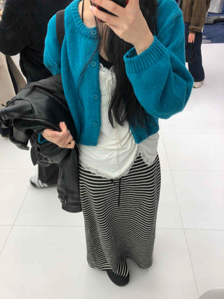 Center Slit Striped Flare Maxi Skirt