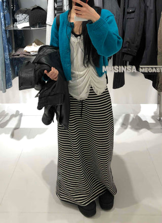 Center Slit Striped Flare Maxi Skirt